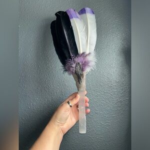 17” crystal selenite black kyanite feather smudge fan